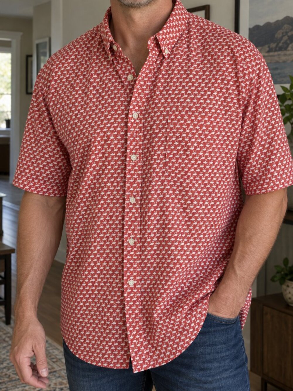 IZOD Men's 3XLT Red Flamingo Print Button Down Shirt